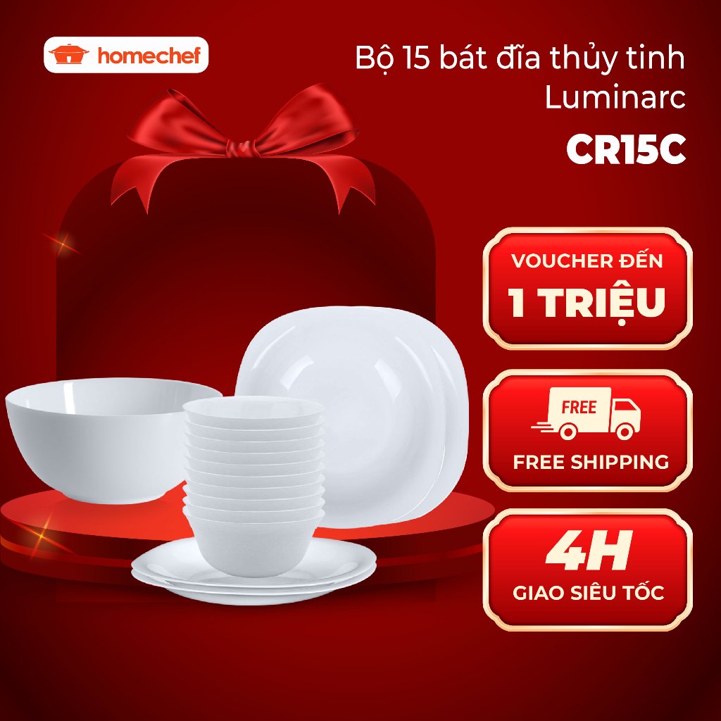 Bộ bát đĩa (Bộ chén, dĩa) thủy tinh Luminarc Carine 15 chi tiết CR15C