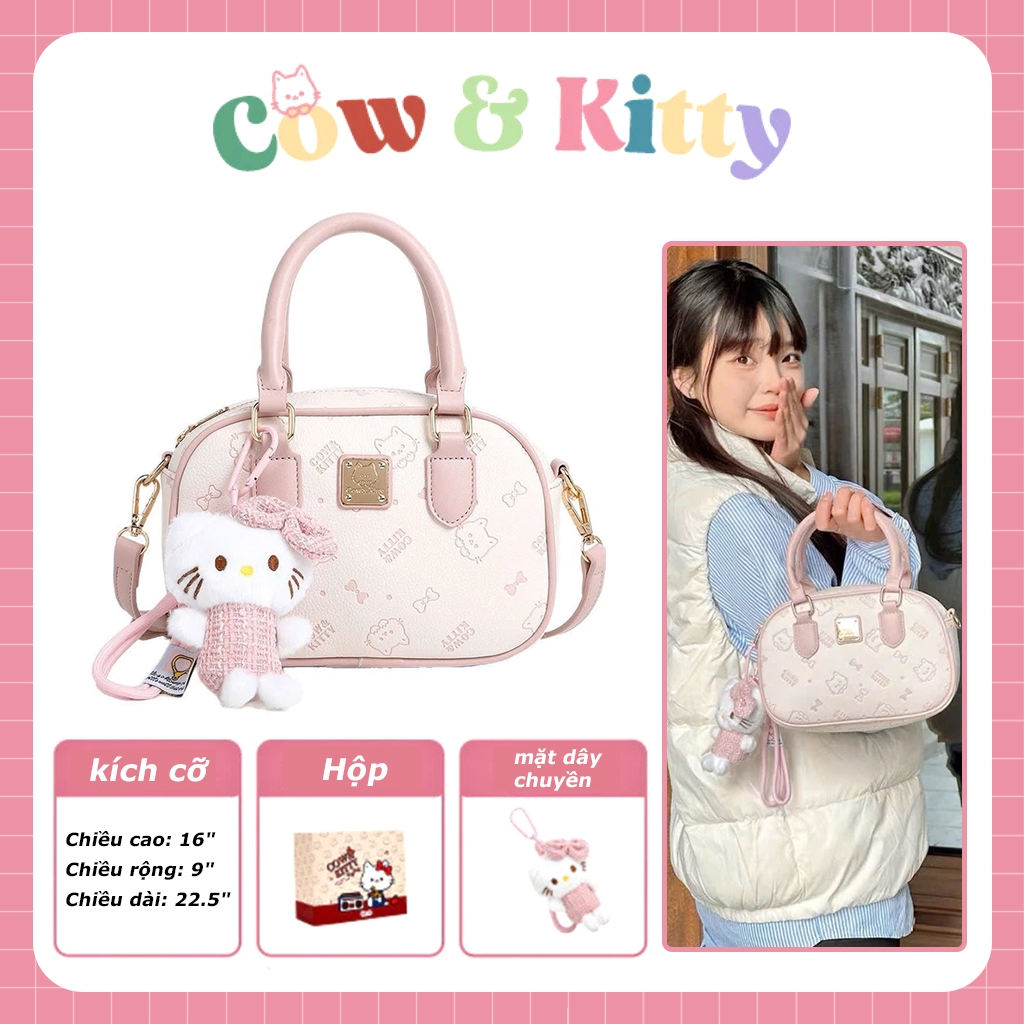 Cow & Kitty Túi xách bowling cho nữ, kèm hộp quà và phụ kiện trang trí, thiết kế mèo con màu hồng.