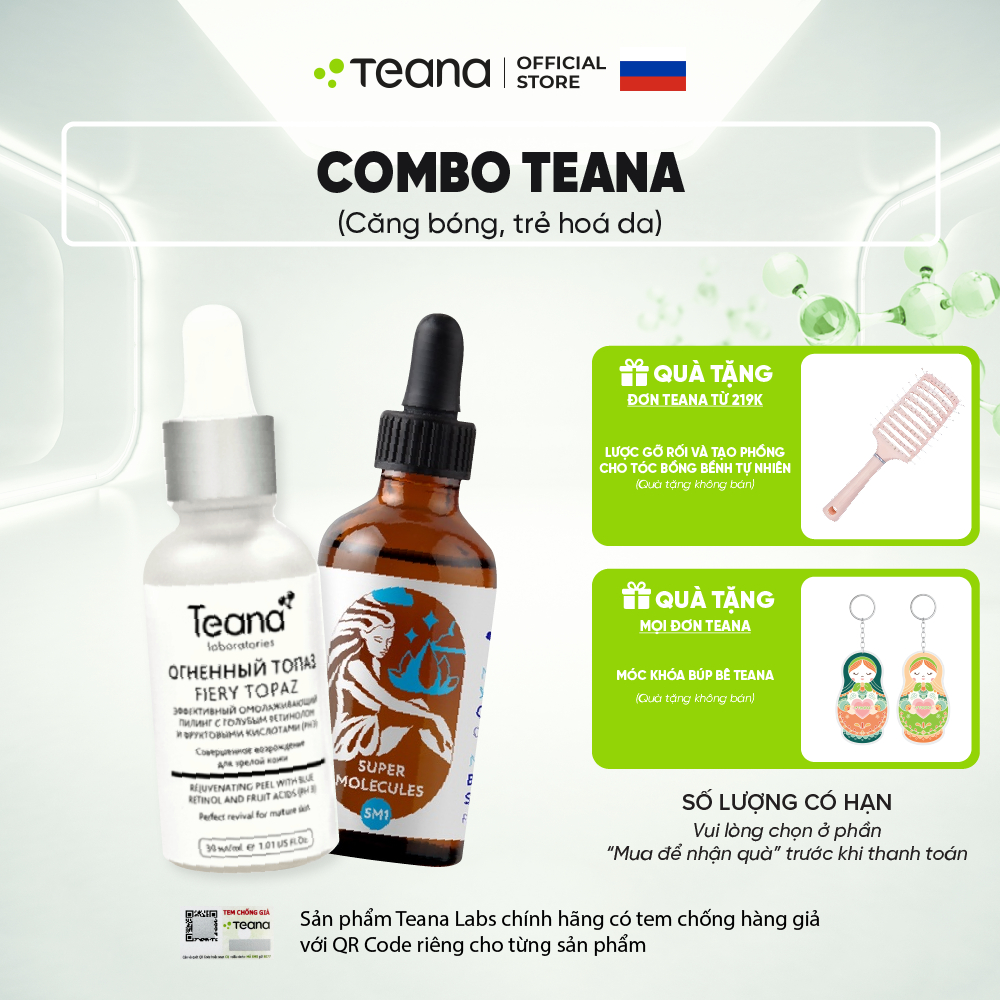 Combo Teana căng bóng, trẻ hoá da (Peel Teana Blue Retinol + Serum Teana SM1 1% Bakuchiol)