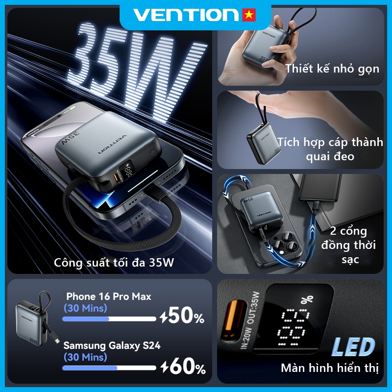 Sạc Dự Phòng 10000mAh Vention 35W PD3.0, Tích Hợp Cáp USB-C, Thiết Kế Nhỏ Gọn Tiện Lợi, Sạc Nhanh An Toàn Ổn Định | BigBuy360 - bigbuy360.vn