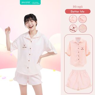 Bộ đồ ngủ có sẵn mút ngực, đồ mặc nhà nữ áo có tay quần đùi họa tiết dễ thương BOM Sister MN2012