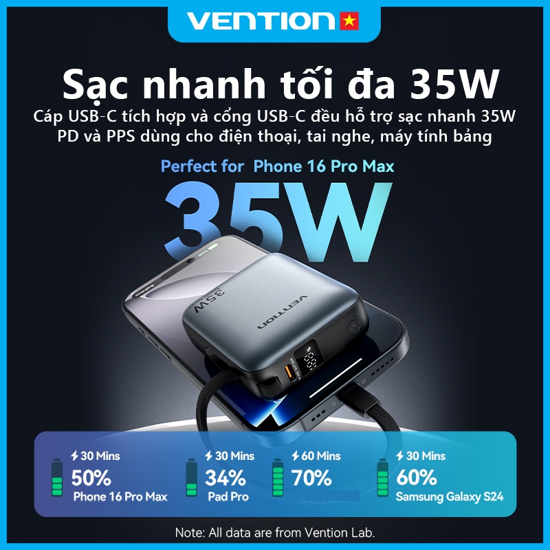 Sạc Dự Phòng 10000mAh Vention 35W PD3.0, Tích Hợp Cáp USB-C, Thiết Kế Nhỏ Gọn Tiện Lợi, Sạc Nhanh An Toàn Ổn Định | BigBuy360 - bigbuy360.vn