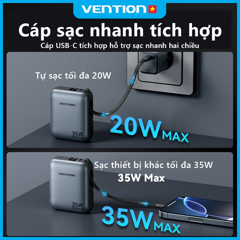 Sạc Dự Phòng 10000mAh Vention 35W PD3.0, Tích Hợp Cáp USB-C, Thiết Kế Nhỏ Gọn Tiện Lợi, Sạc Nhanh An Toàn Ổn Định | BigBuy360 - bigbuy360.vn