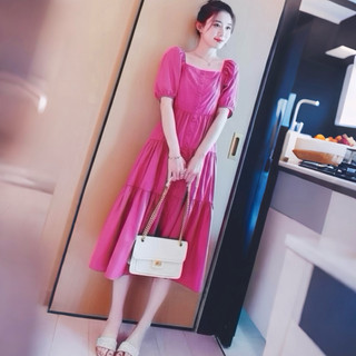 Đầm hồng cổ vuông nút bọc, váy babydoll bầu bì mặc ok (kèm hình thật)