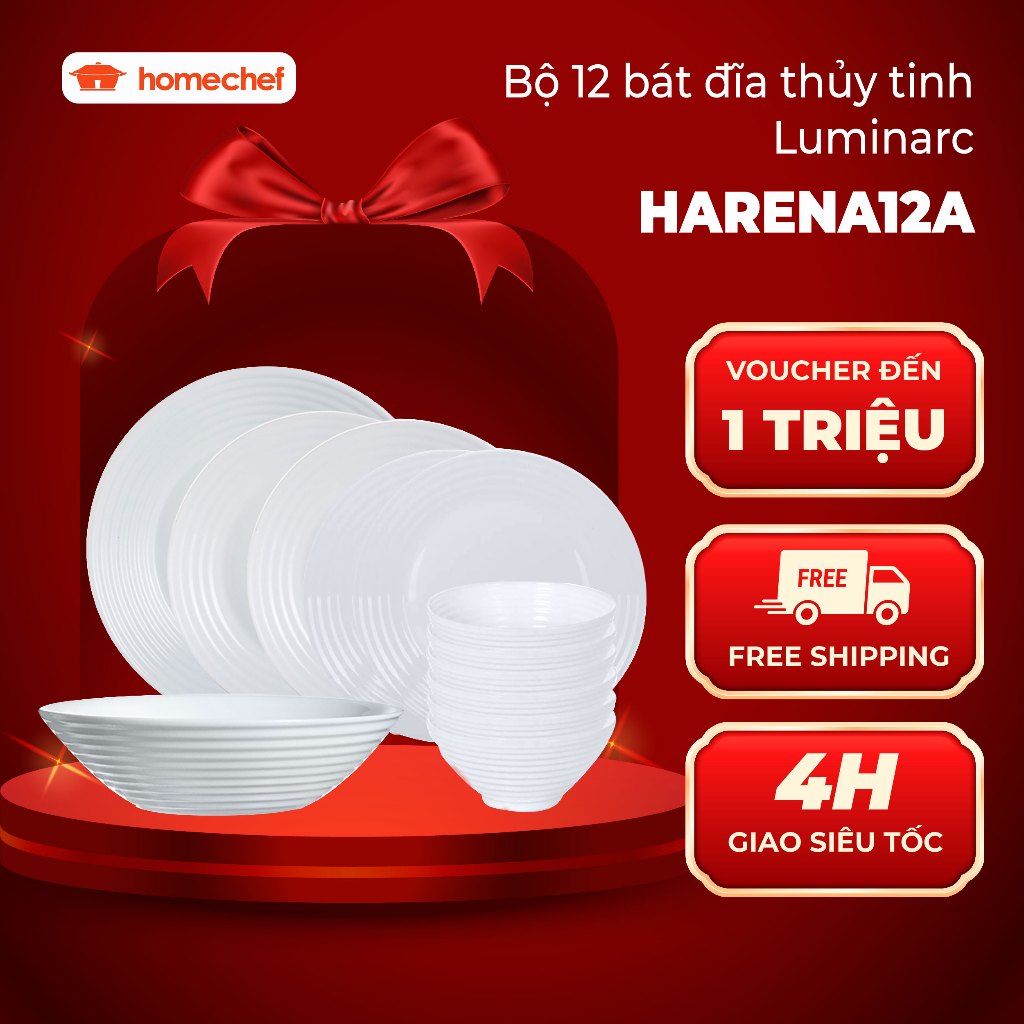 Bộ bát đĩa (Bộ chén dĩa) thủy tinh Luminarc Harena 12 chi tiết - HARENA12A, dùng lò vi sóng, máy rửa