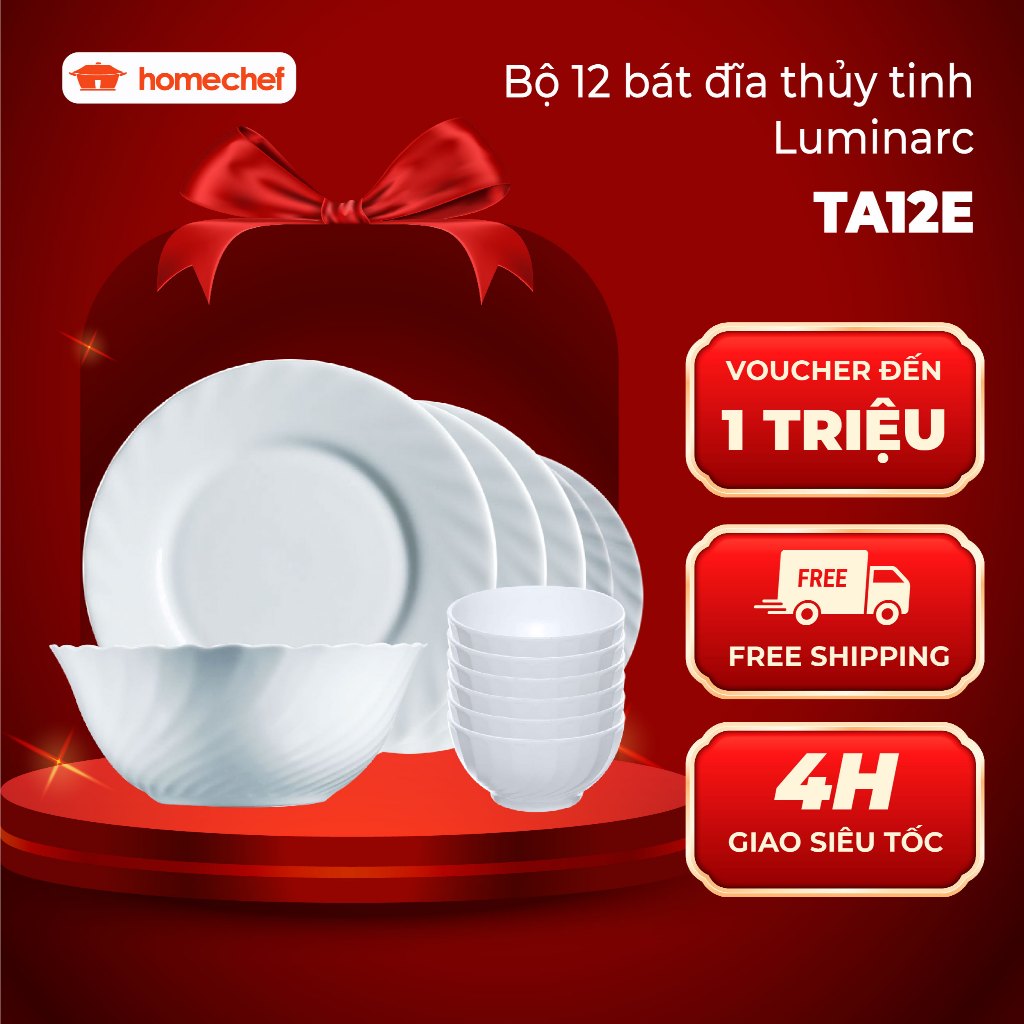 Bộ bát đĩa (tô, chén, dĩa) thủy tinh Luminarc Trianon 12 chi tiết - TA12E