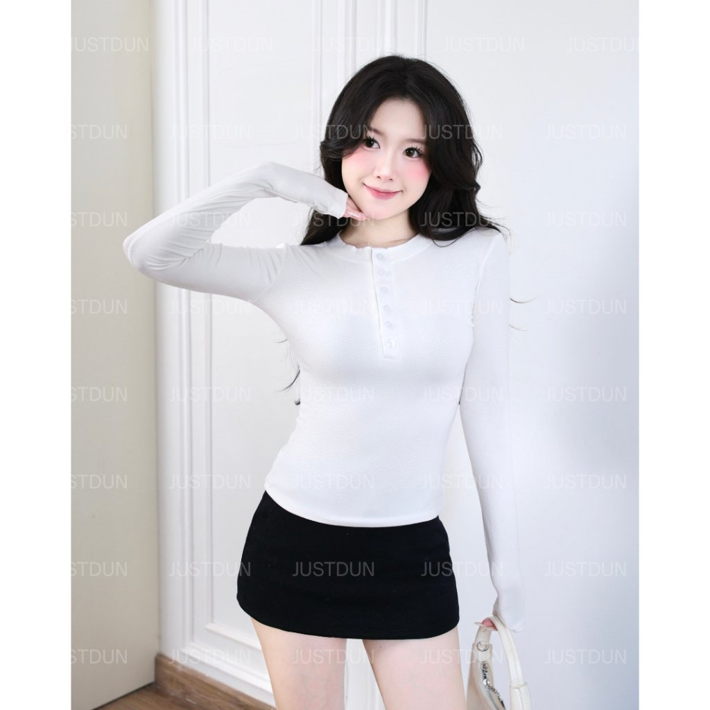 Áo Thun Nữ Dài Tay JUSTDUN Z12 -Thiết Kế Khuy Cúc Ngực, Cotton Mịn Êm Ái, Ôm Dáng, Co Giãn Thoải Mái | BigBuy360 - bigbuy360.vn