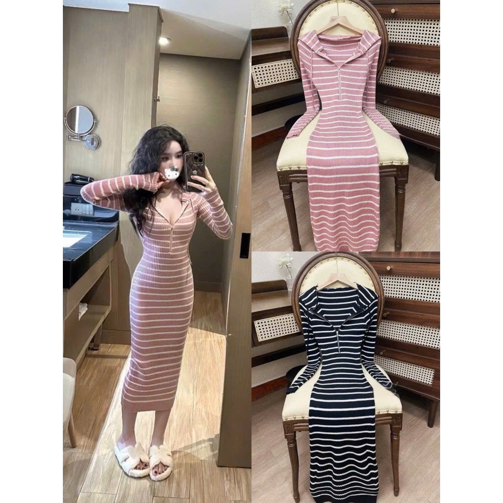 DAY CLOTHING- Đầm len body kẻ sọc ôm dáng tôn đường cong quyến rũ