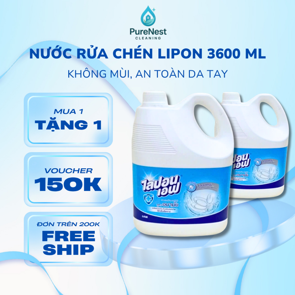   MUA 1 TẶNG 1  Nước rửa chén bát Lipon Không Mùi 3600 ml hàng nhập khẩu Thái Lan An Toàn Sạch Dầu Mỡ Tiết Kiệm 