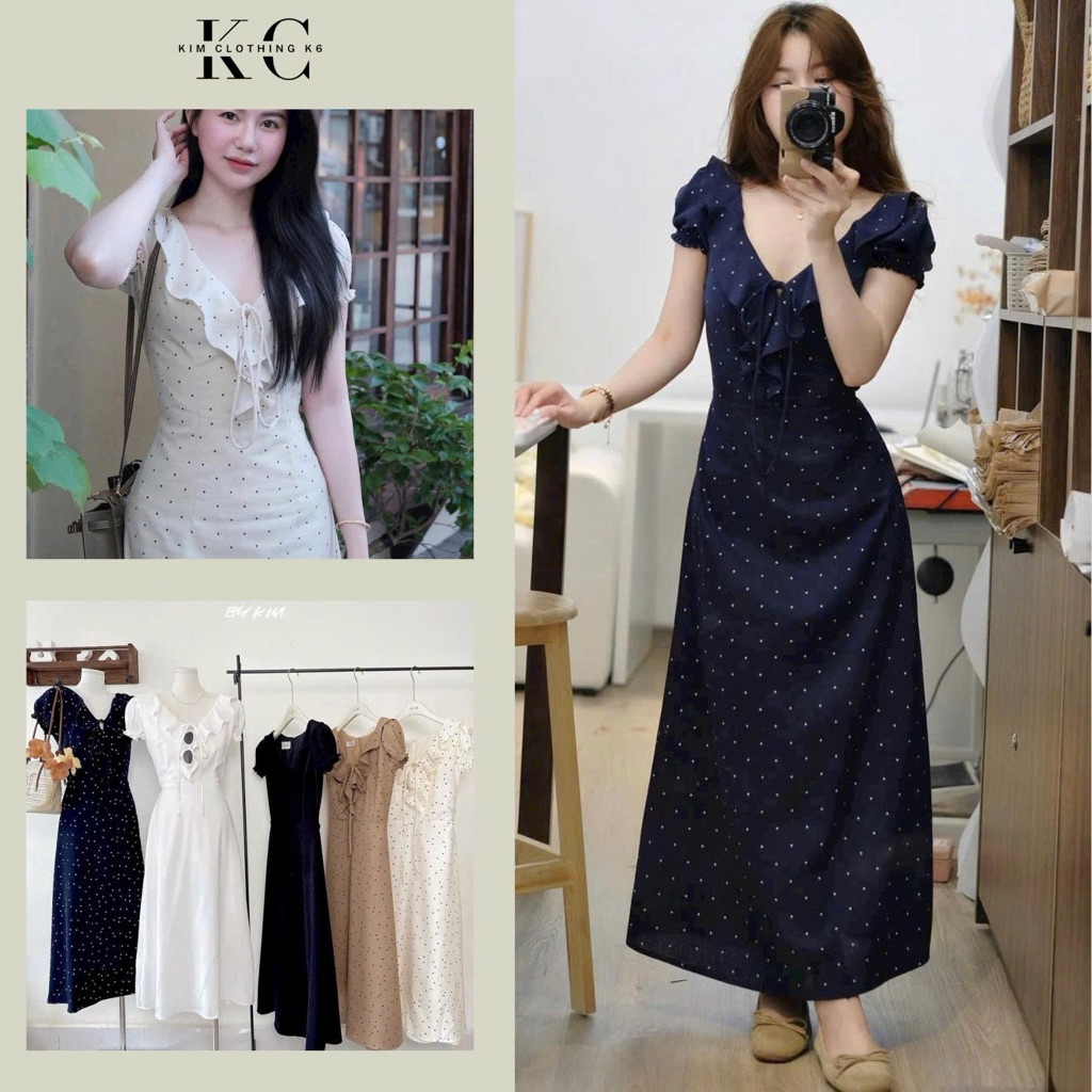  KIM | Đầm cổ V bèo tay búp bo chun dáng midi xoè dài cột nơ sau nữ tính nàng thơ ngọt ngào 