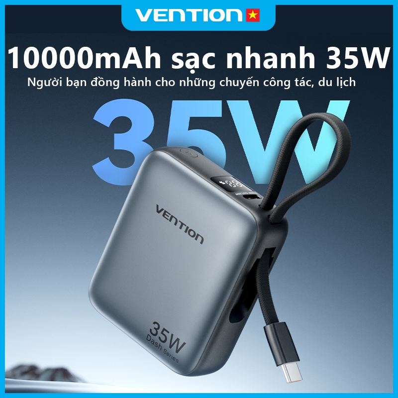 Sạc Dự Phòng 10000mAh Vention 35W PD3.0, Tích Hợp Cáp USB-C, Thiết Kế Nhỏ Gọn Tiện Lợi, Sạc Nhanh An Toàn Ổn Định