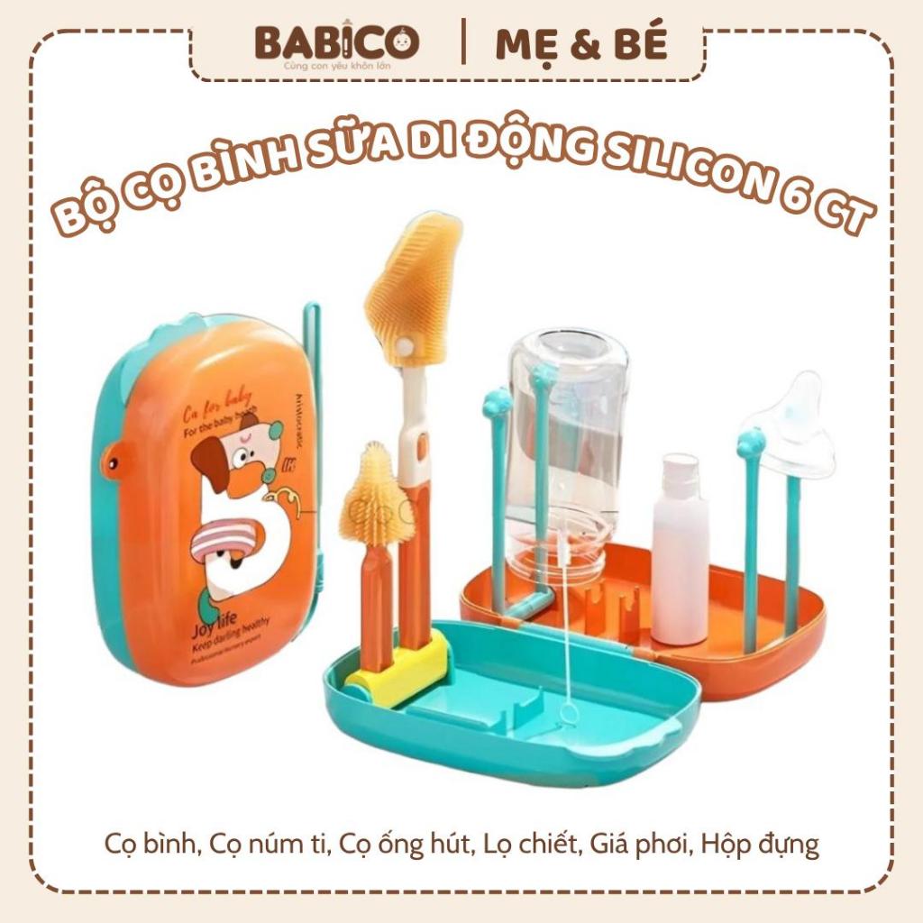Bộ Cọ Vệ Sinh Bình Sữa Di Động Silicon 6 Chi Tiết Có Tích Hợp Giá Úp Bình, Lọ Đựng NRB Tiện Lợi, Nhỏ Gọn Dễ Dàng Mang Đi