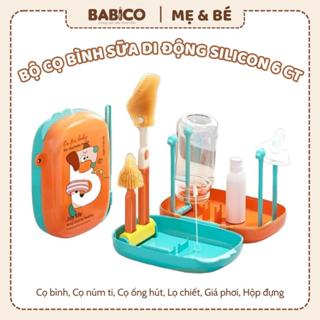 Bộ Cọ Vệ Sinh Bình Sữa Di Động Silicon 6 Chi Tiết Có Tích Hợp Giá Úp Bình, Lọ Đựng NRB Tiện Lợi, Nhỏ Gọn Dễ Dàng Mang Đi