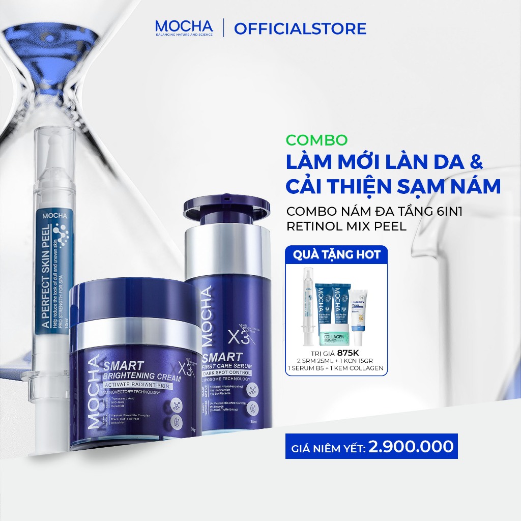 Combo Kem & Serum Nám Mocha và Peel Da Mocha Retinol Mix Peel Mờ Sạm Nám Chuyên Sâu