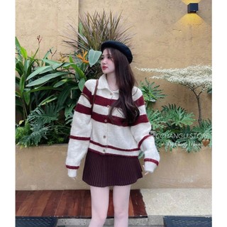  Áo khoác len áo khoác nữ cardigan sọc ngang hàng QC chất len mềm màu đỏ xám pc Hàn Quốc thu đông mẫu mới hot 