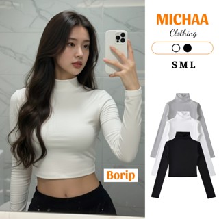 Áo Croptop Tay Dài Cổ Lọ Nữ Ôm Body, Chất Thun Gân Co Giãn Tốt, Phong Cách Ulzzang Basic MICHAA CR28