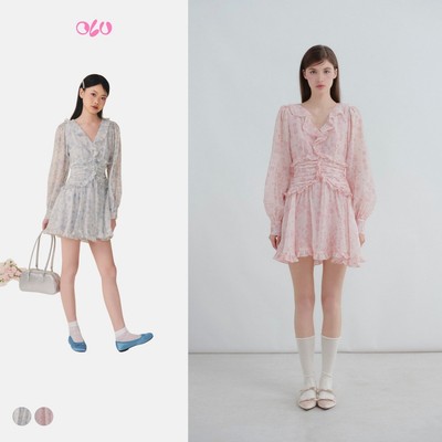 Đầm hoa OLV xòe tay dài bồng bềnh cổ V tiểu thư Kamiyah nhiều màu pastel trẻ trung