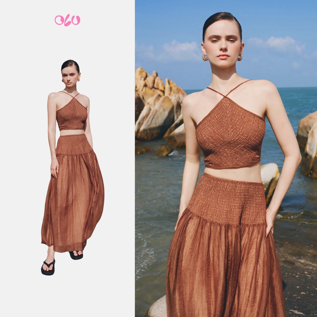 Set OLV áo yếm croptop kèm chân váy maxi Abelie thoáng mát nữ tính phù hợp đi biển du lịch mùa hè