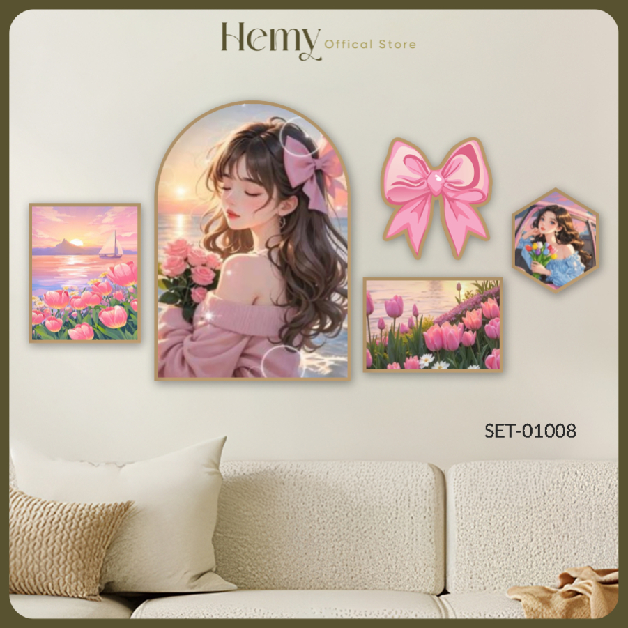 Set 5 Tranh Decor Cô Gái Nơ Hiện Đại, Trang Trí Phòng Khách, Phòng Ngủ, Nail, Mi , Fomex 5mm Tặng Keo Dán - Hemy Decor