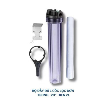 cốc lọc đầu nguồn 20 inch mầu trong ren 21 với phụ kiện lõi lọc thô, tay tháo cốc, giá treo