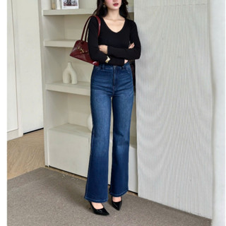  Quần Jean Loe REDE LOEXK-03B Dáng Suông Loe Lưng Cao Có Co Giãn Giả Túi Xéo Xanh Đậm Wash 