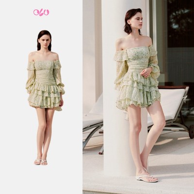 Đầm kiểu OLV trễ vai Ezer tay dài phồng thiết kế bèo tầng điệu đà tiểu thư phù hợp đi chơi đi tiệc