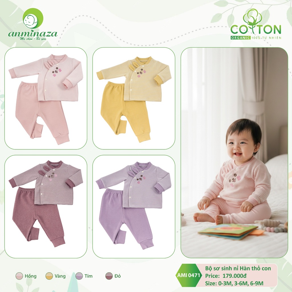 [Anminaza] Bộ Nỉ Sơ Sinh Cài Chéo Anminaza Thêu Thỏ Đáng Yêu Siêu Mềm Mại Ấm Áp AMI0471