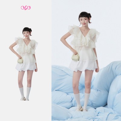 Áo OLV suông cổ V phối bèo nữ tính tiểu thư Ivory Chiffon Ruffled Vneck Top phù hợp đi chơi