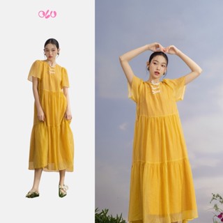 Đầm babydoll tay phồng dáng dài dễ thương Mustard phù hợp đi chơi đi làm OLV