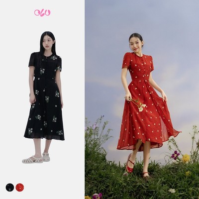 Đầm OLV tay phồng dáng dài thêu hoa ngọt ngào nữ tính Laylin phù hợp đi chơi đi làm