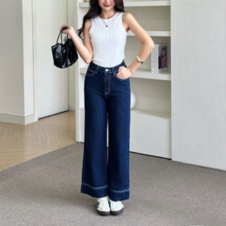 Quần Jean Nữ REDE BLD-03A Denim Mềm Ống Rộng Lưng Cao Gấp Lai Bản To Chỉ Trắng Màu Xanh Đậm Trơn