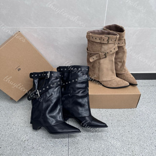  Giày bốt nữ quai dây khoá cổ thấp da thật mũi nhọn.Bốt linh hoàng thời trang thu đông.Thuytienshoes 