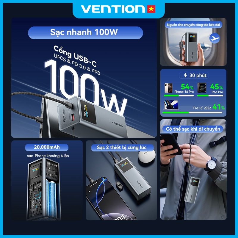 Pin Sạc Dự Phòng 20000mAh 100W Vention PD3.0, Màn Hình TFT  Hiển Thị Thông Số, Có Sẵn Cáp USB-C | BigBuy360 - bigbuy360.vn