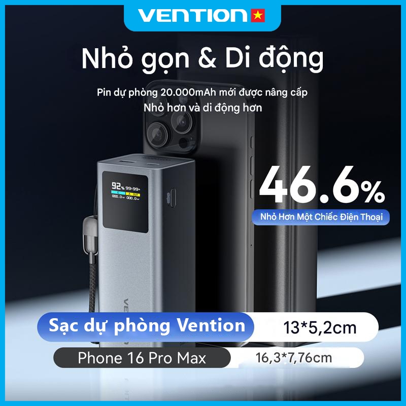 Pin Sạc Dự Phòng 20000mAh 100W Vention PD3.0, Màn Hình TFT  Hiển Thị Thông Số, Có Sẵn Cáp USB-C | BigBuy360 - bigbuy360.vn