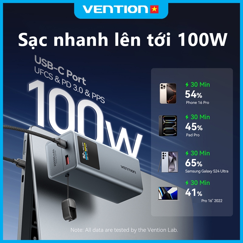 Pin Sạc Dự Phòng 20000mAh 100W Vention PD3.0, Màn Hình TFT  Hiển Thị Thông Số, Có Sẵn Cáp USB-C | BigBuy360 - bigbuy360.vn