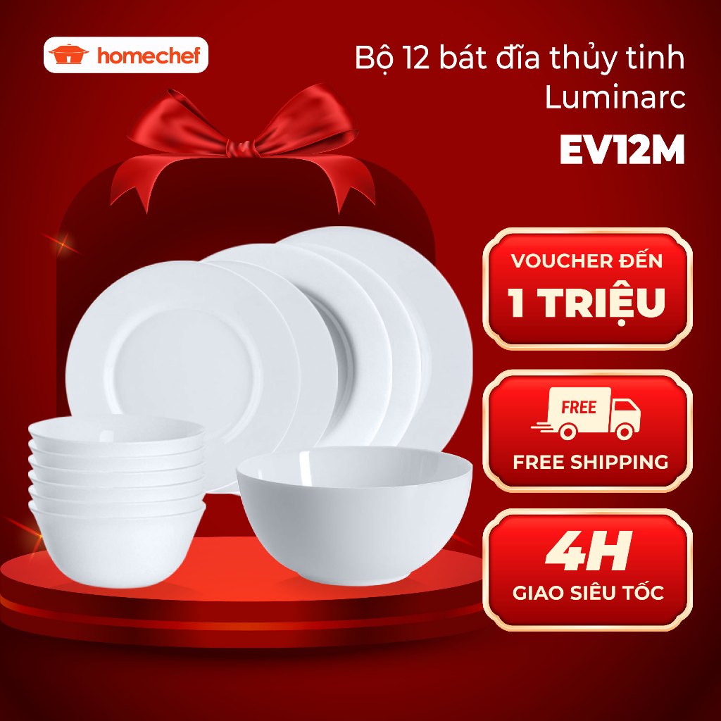 Bộ bát đĩa (Bộ tô,chén,dĩa) thủy tinh Luminarc Everyday 12 món - EV12M