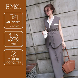 Set 3 món cao cấp áo gile mango buộc dây và chân váy xẻ bút chì và áo trắng không tay E.MOL