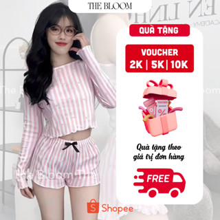 Set đồ ngủ sọc hồng tay dài kèm quần short phối nơ ống xòe, set ngủ tiểu thư chất cotton Loungewear THE BLOOM|SE015