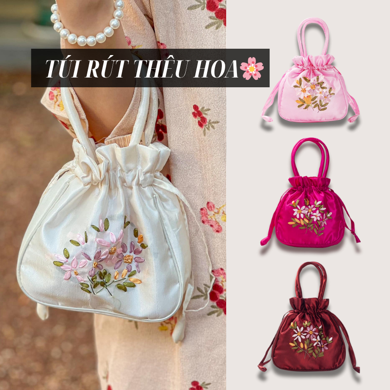 [Hoả tốc] Túi Rút Tay Nữ Thêu Hoa Đẹp, Túi Vải Lụa Cổ Điển Thời Trang Vintage, Phong Cách Tiểu Thư