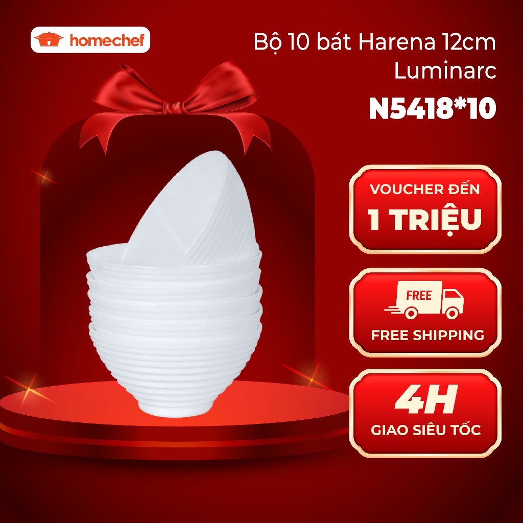Bát/Bộ 10 bát (chén) ăn cơm thủy tinh Luminarc Harena 12cm N5418*10