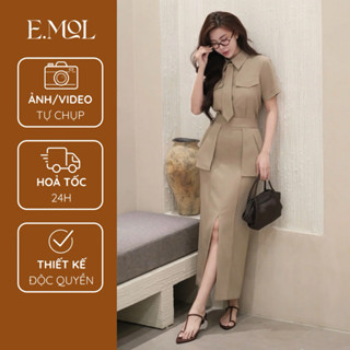 Set áo sơ mi cà vạt túi ngực và chân váy bút chì xẻ trước E.MOL