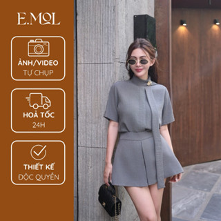 Set sơ mi nữ cổ trụ tà cổ cách điệu và quần váy ống rộng cạp cao xếp li E.MOL