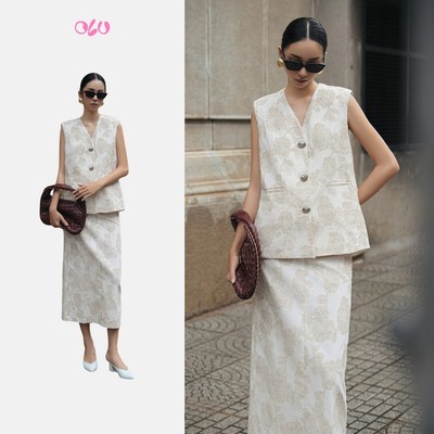 Set OLV áo và chân váy cổ V không tay phối nút tinh tế trẻ trung Seville phù hợp đi làm cà phê