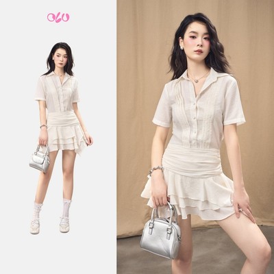 Đầm OLV sơ mi ngắn phối bèo xòe năng động Josephine phù hợp đi chơi đi cà phê