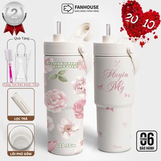 Ly giữ nhiệt Simply Inox 316 Phủ Sứ 735ml ống hút thủy tinh, cốc giữ nhiệt Fan House khắc tên