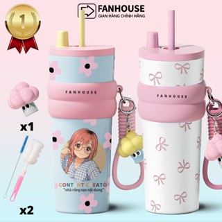 Bình giữ nhiệt khắc tên Fan House bình nước giữ nhiệt 12h inox 316 ống hút tiện lợi 710ml tặng charm 3D, bộ rửa bình