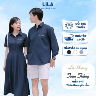 Set đồ đôi nam nữ sơ mi Harmony - Áo sơ mi nam & váy nữ dáng dài thêu tên theo yêu cầu, mặc đi chơi đi làm - Lila
