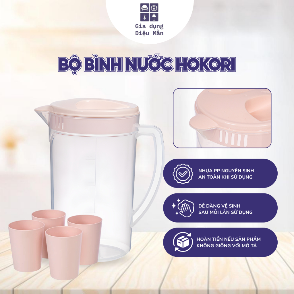 Bộ Bình Nước Hokori 6052-1 – 1 Ca 2.5L + 4 Ly Nhựa PP Trong Suốt, Thiết Kế Trang Nhã, Dùng Cho Mọi K