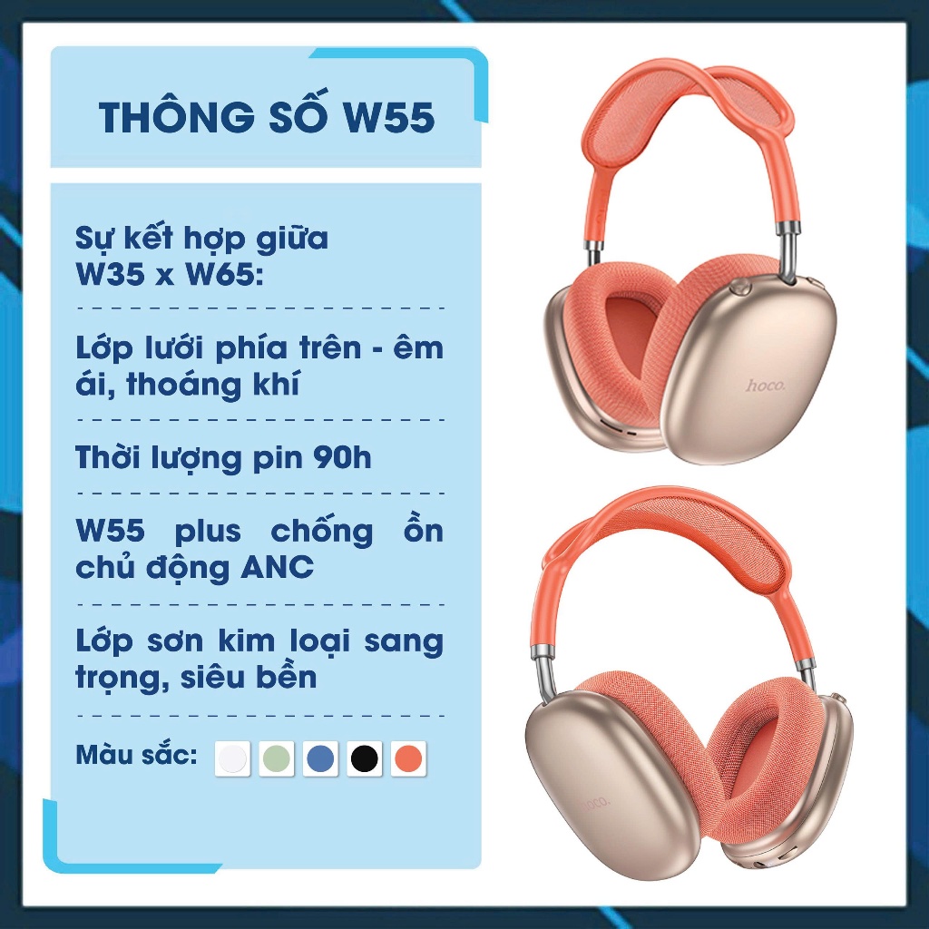 [Tặng bọc tai nghe] Tai nghe chụp tai W55 Plus Hoco pin 90 tiếng bass mạnh có dây đi kèm | BigBuy360 - bigbuy360.vn