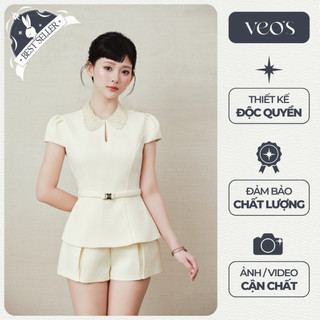  Set Áo Kiểu Cổ Đính Đá Tay Hến Thiết Kế Nữ Chất Xước Hàn Vân Kẻ  & Quần Short Form A Veos Tiểu Thư - Carolyn Top & Short 